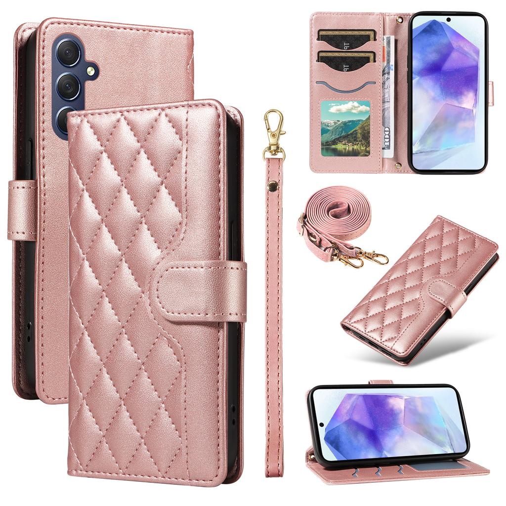 For Samsung Galaxy A55 5G Case Wallet Rhombus Leather Phone Cover with Shoulder Strap,Wrist Strap