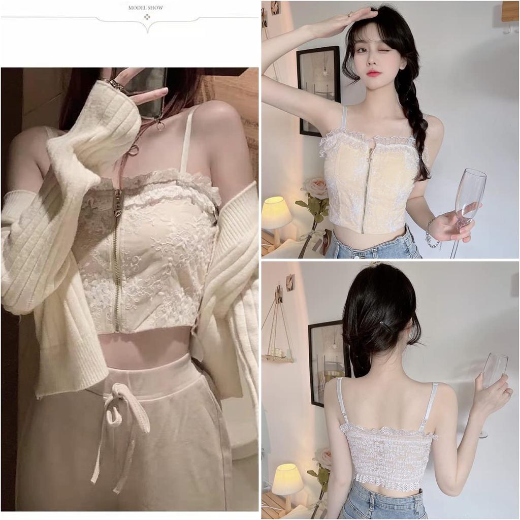 Weuiean Lace Camisole Top with Zippered Lace Tube Tank One Size Fits Women's Cups, Camisole, Top, Top, Most, LSL-013 (White)