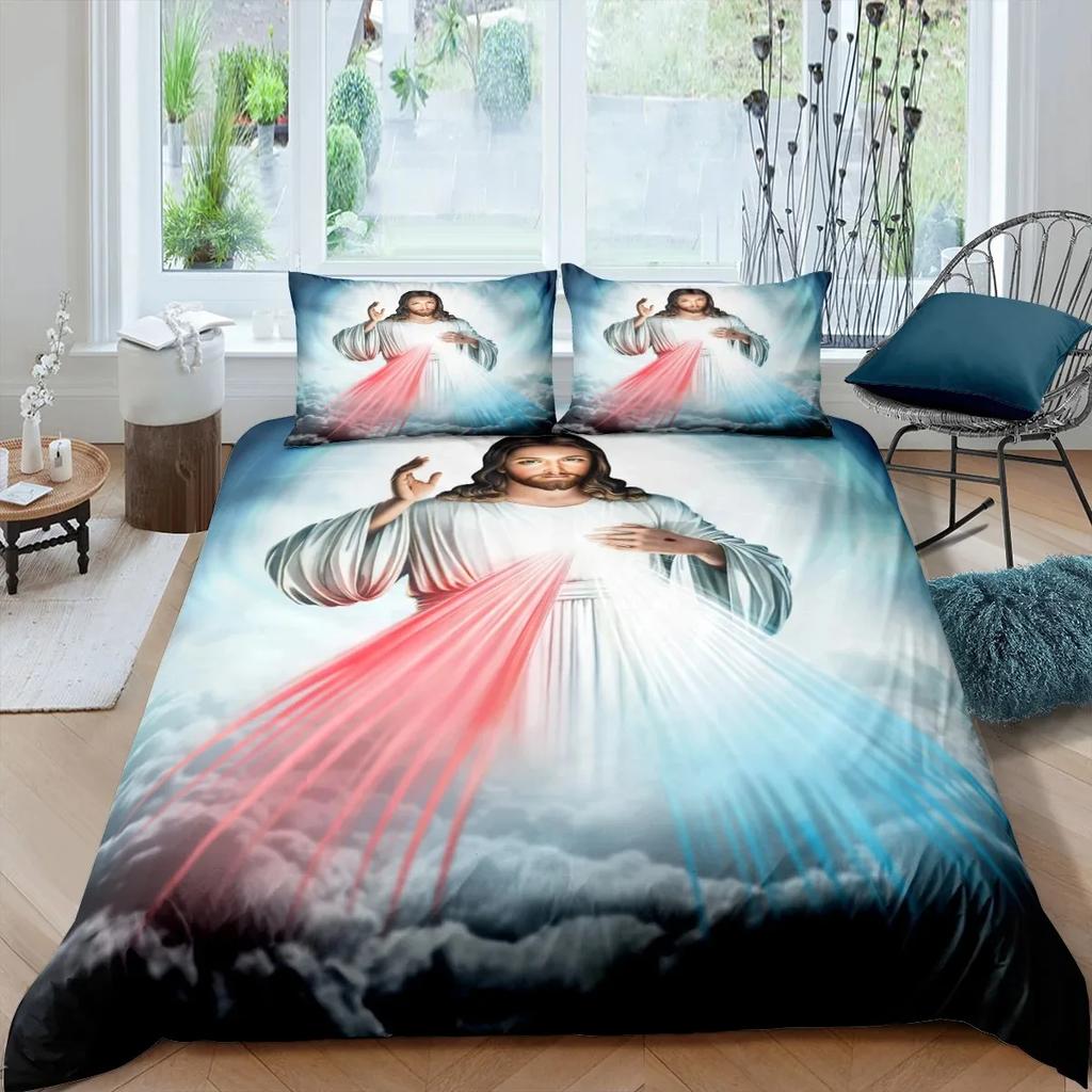 3D Jesus Duvet Cover Christian Sacred Jesus Bedding Set God Bless You Soft Quilt Cover Set King Queen Size For Adults Women Men