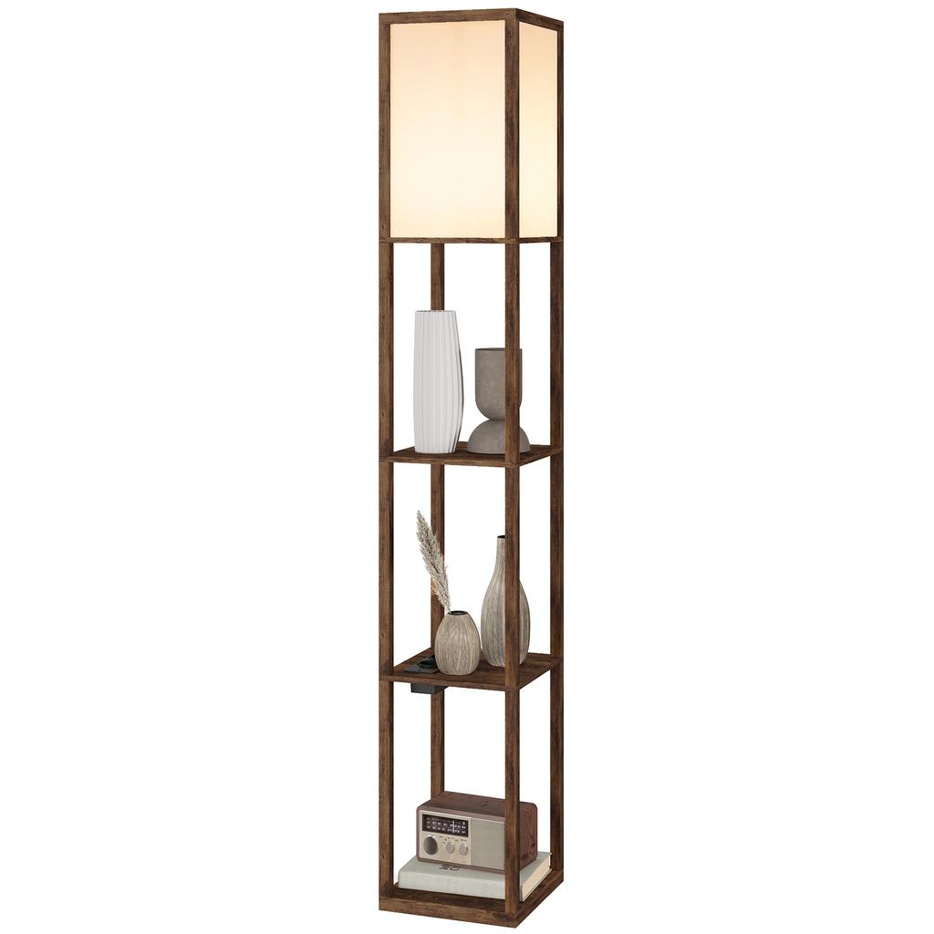 Floor Lamp with Shelves, Adjustable Light, Foot Switch and USB Ports, Brown