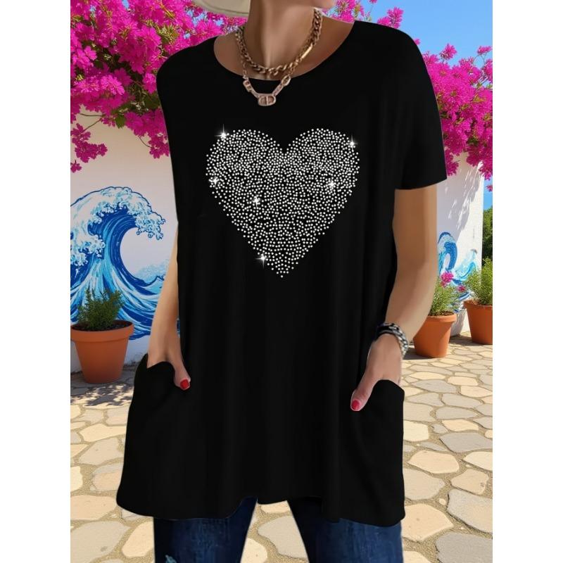 Plus Size Women s Casual Heart Rhinestone Pocket Short Sleeve T-Shirt S