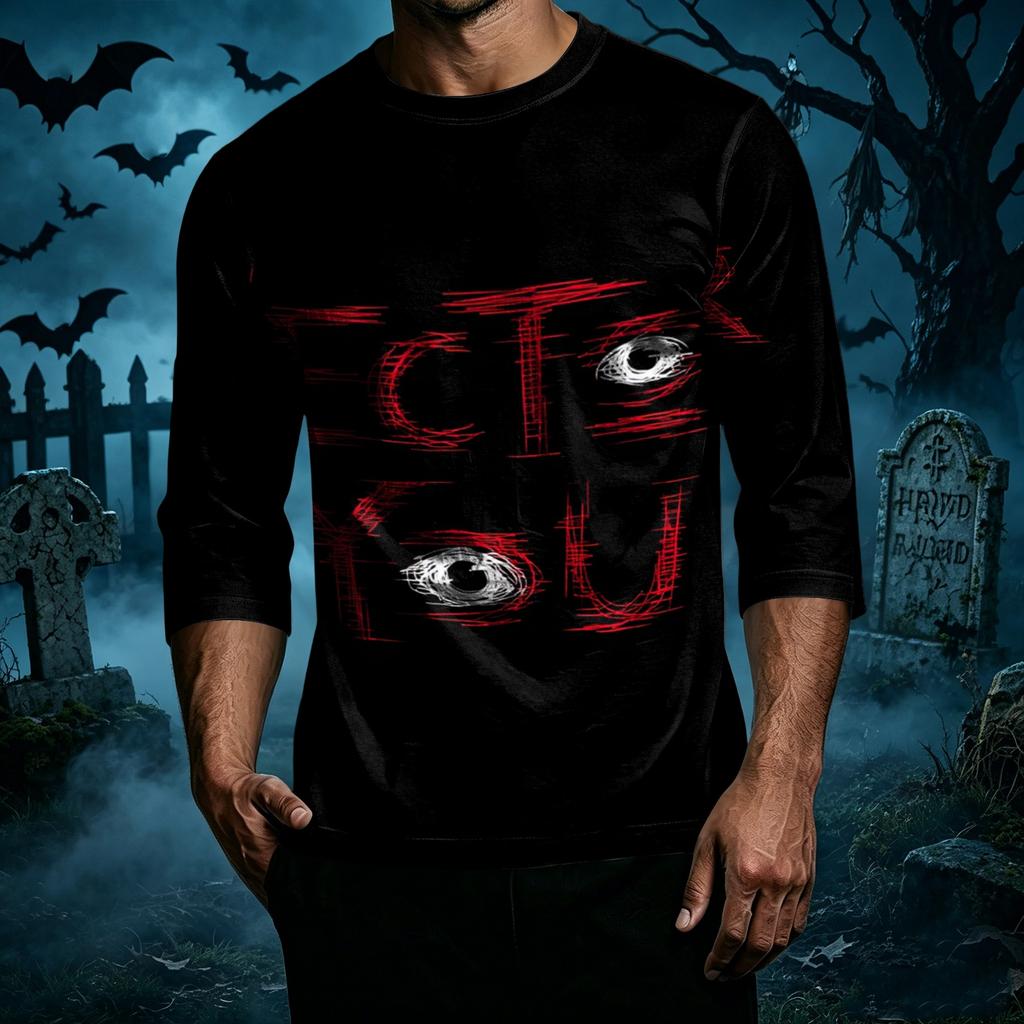 Men's Casual Halloween Graphic Crew Neck T Shirt Three Quarter Sleeve Top Lightweight Comfortable Fit