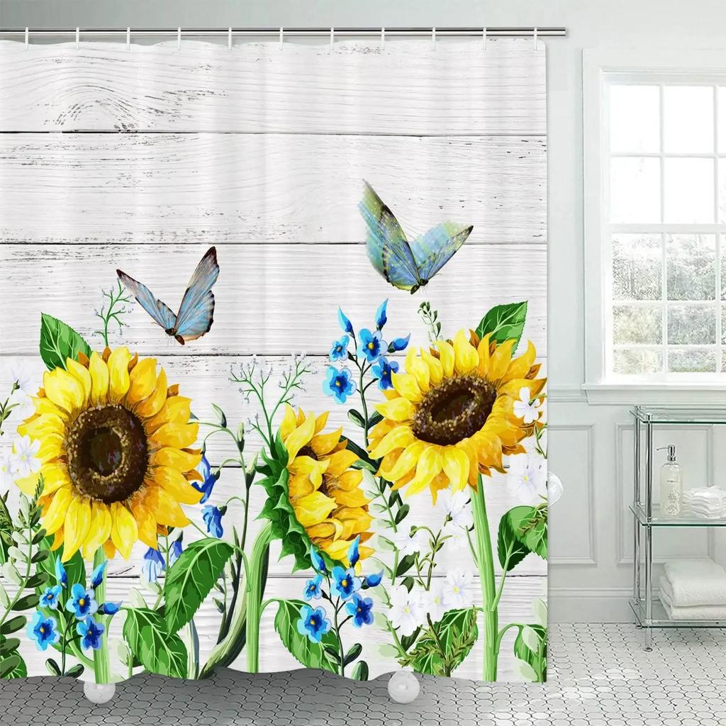 Farmhouse Rustic Shower Curtain Sunflower Autumn Floral Flower On Rural Barn Wooden Fabric Bathroom Curtains with Hooks Sets