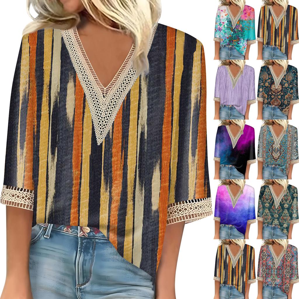 Blusa feminina casual solta, camisas, manga 3/4, acabamento em renda, estampa, decote em V, tops estampados, camisetas, camisetas