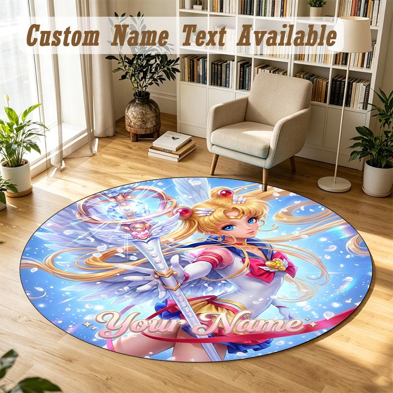 Round Rug Custom NameSailor Moon Pattern Non Slip Carpet Home Floor Decor