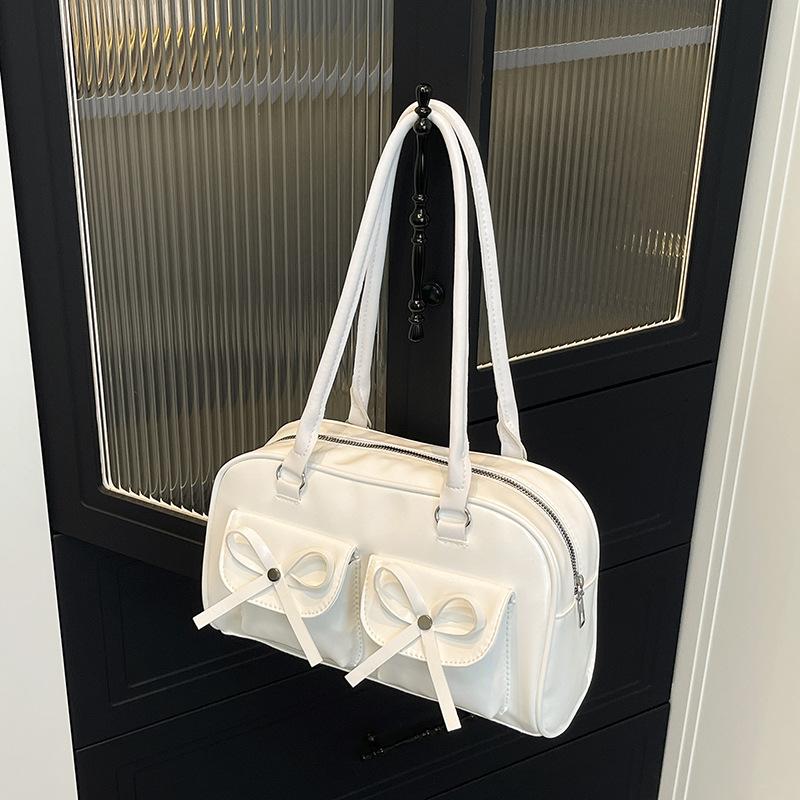 Ballet-style PU women's shoulder bag, double bow decoration, double front pockets, cylindrical shape, vintage soft daily underarm handbag