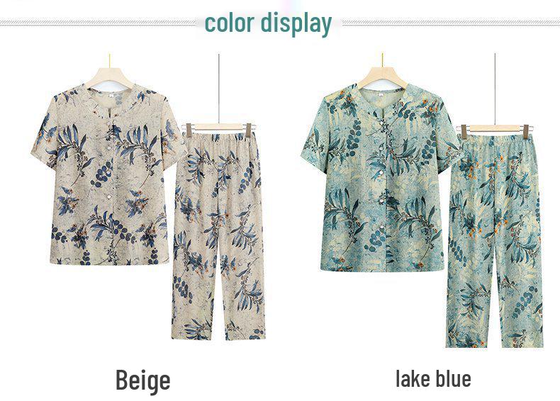 Grandma's Summer Short Sleeve Two-Piece Suit - Ice Silk Casual Wear for Middle-Aged and Elderly Women