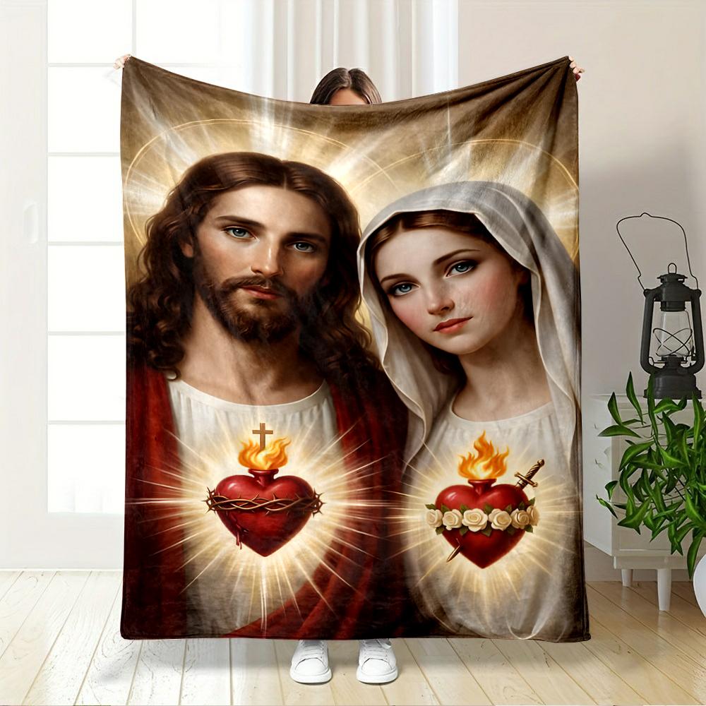 "Jesus and Mary Sacred Heart Illustration Blanket"Flannel blanket for bedroom, living room, sofa, and nap
