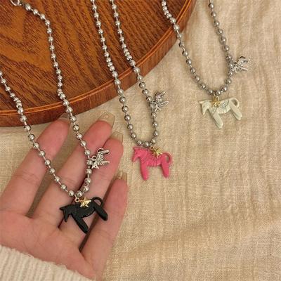 White Choker Necklace Alloy Beads Neck Chain Funny Horse Pendant Necklace  for Women