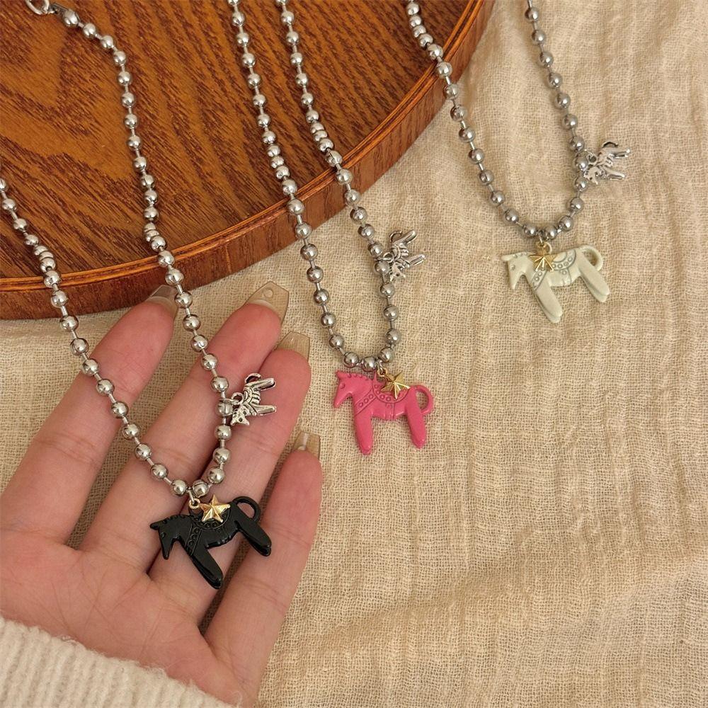 Alloy Horse Pendant Necklace Silver Plated Enamel Pendant Necklace Beads Neck Chain  for Women