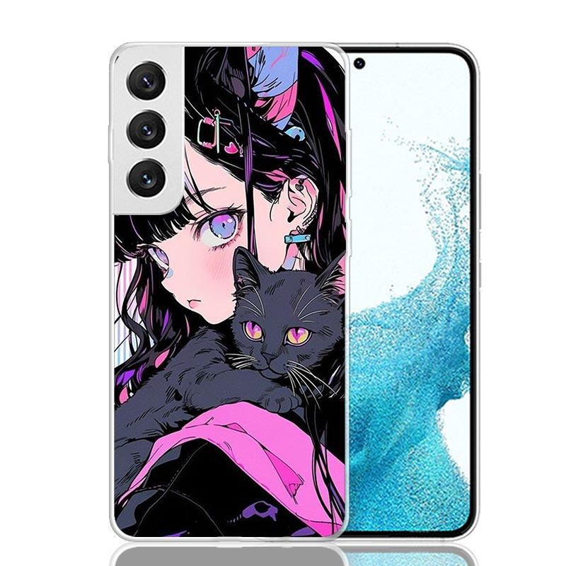 Anime Girls Cute Black Cat Phone Case For Samsung Galaxy S26 Ultra S23 S24 S25 Edge S20 FE S21 S22 Plus Soft Print Shell Cover F