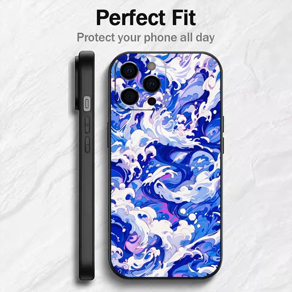 Japanese Ukiyo-e Waves Parinting Phone Case For iPhone17,16,15,14,13,12 Plus,Max Soft Silicone Black Cover