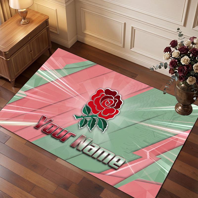 Tappeto in Velluto di Cristallo Personalizzato Rugby Inghilterra, Tappeto Morbido Antiscivolo con Testo Nome Personalizzato per Soggiorno Camera da Letto