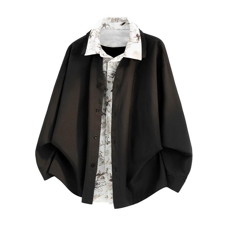 Mens Casual Loose Long Sleeve Shirt Fake Two Piece Floral Collar Top