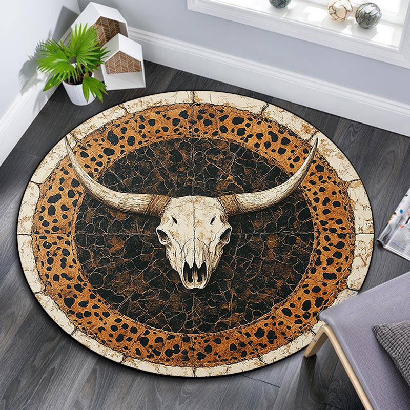 Leopard Print Bull Skull Round Area Rug,Carpet Rug for Living Room Bedroom Sofa Playroom Decor,Non-slip Floor Mat
