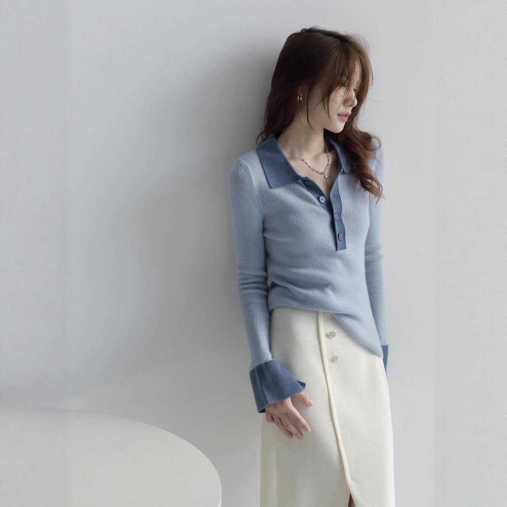 

Korean Style Color Block Slim Fit Polo Collar Sweater for Women - Spring Knitwear One Size