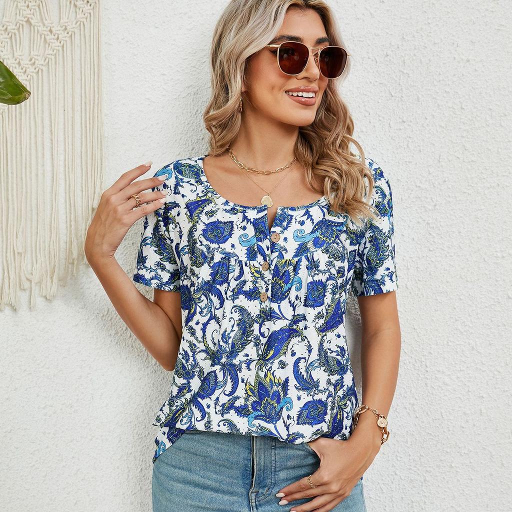 Letni damski T-shirt ze sznurkiem, guzikiem, luźny, z nadrukiem, jaskółczy ogon, krótki rękaw