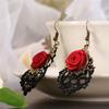1 Pair Vintage Gothic Halloween Black Lace Red Flowers Dangle Earrings AVE