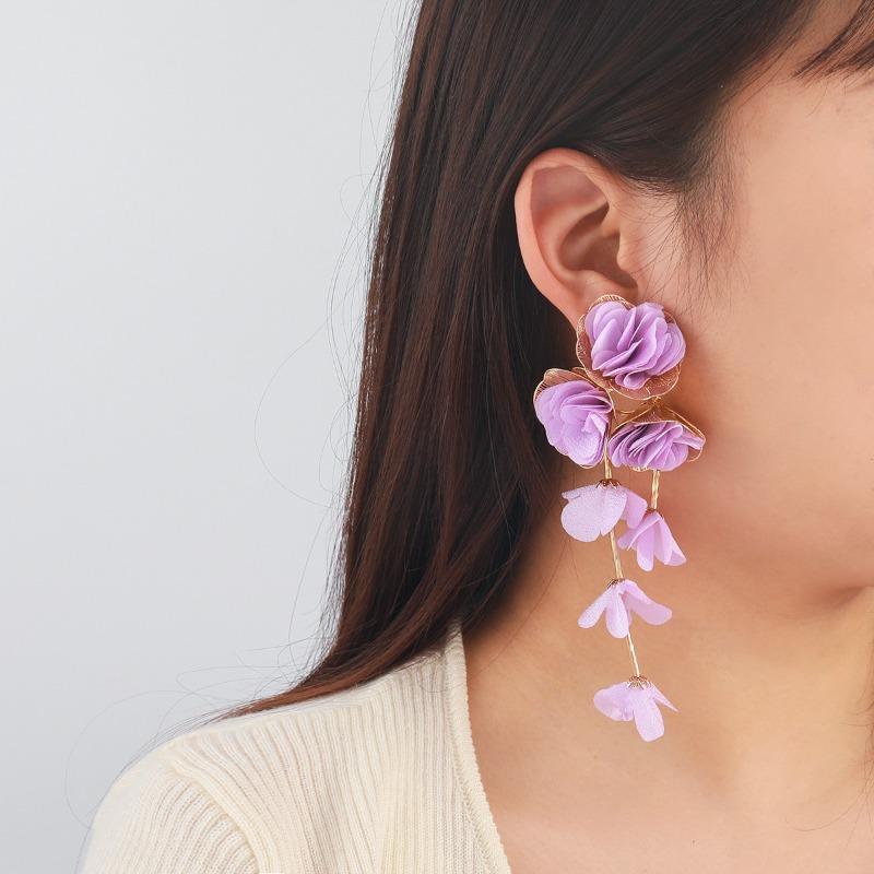 Draweye Chiffon Flowers Earrings for Women Beach Style Summer Hyperbole Vintage Jewelry Elegant Sweet Pendientes Mujer