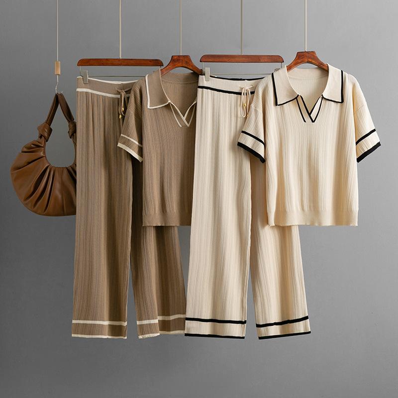 Summer Suit Polo Collar Short Sleeved Fashionable Casual Loose High Waisted Knitted Two-piece Set