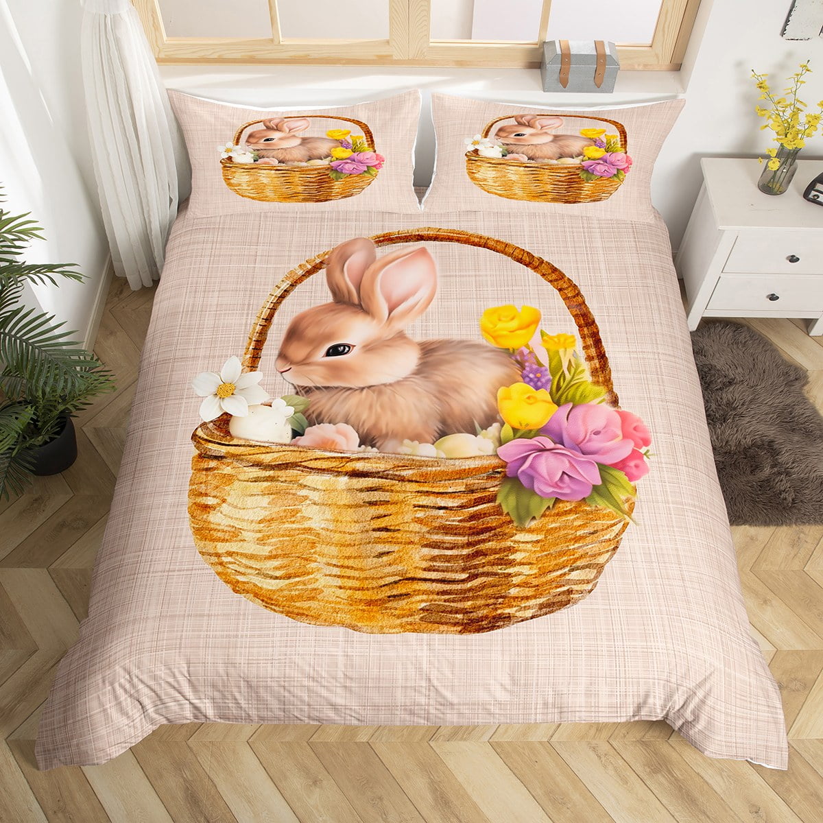 

Whimsical Rabit Soft Duvet Cover Set Adorable Pink Beding featuring Flowers Heart Motif for Roms Suitable Children Kids plus Adult Peoples 135*200cm Eu-Single