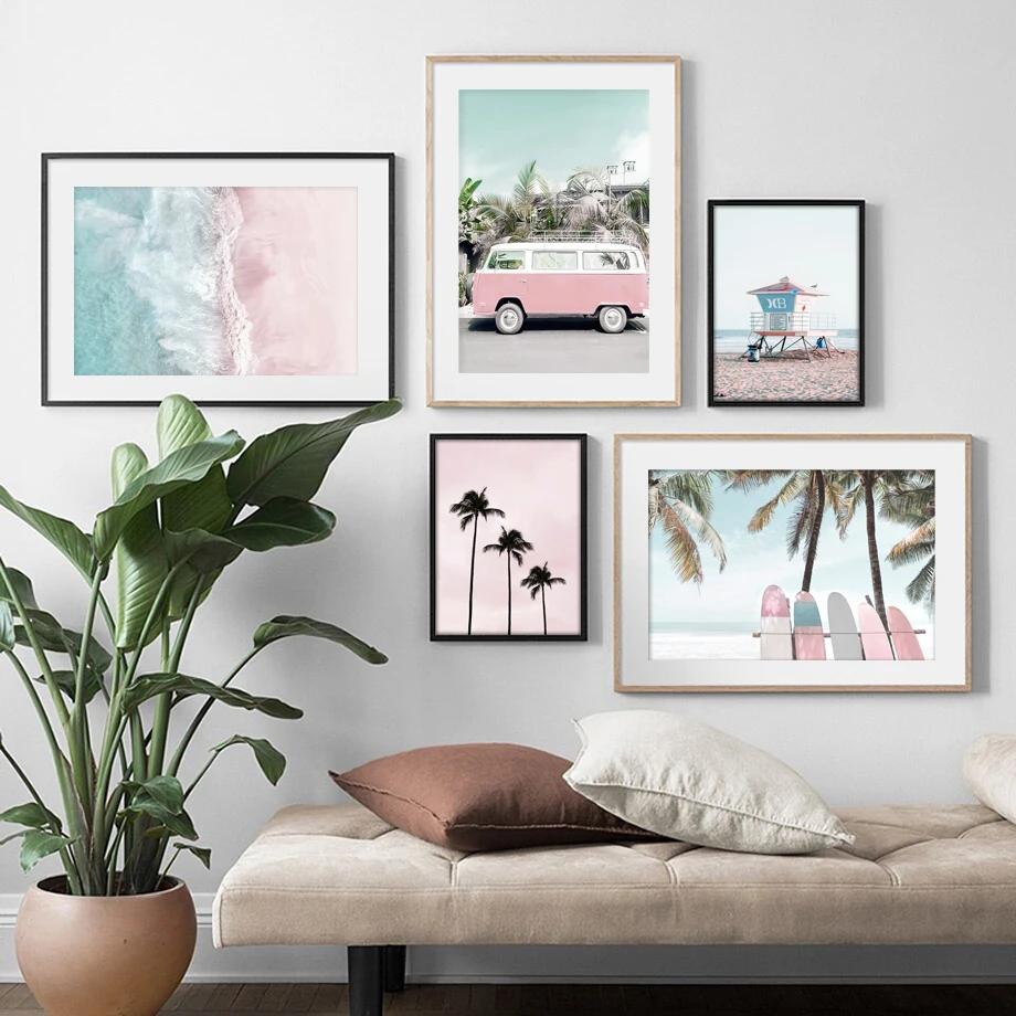 Nordic Pink Bus Beach Palm Surfboard Conch Canvas Painting Wall Art Posters and Prints Wall Pictures for Living Room Home Decor