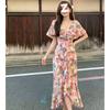 Gentle Wind Floral Dress Women's Summer V-neck Waist and Thin Temperament Versatile Lotus Leaf Edge Split Short-sleeved Long Dress