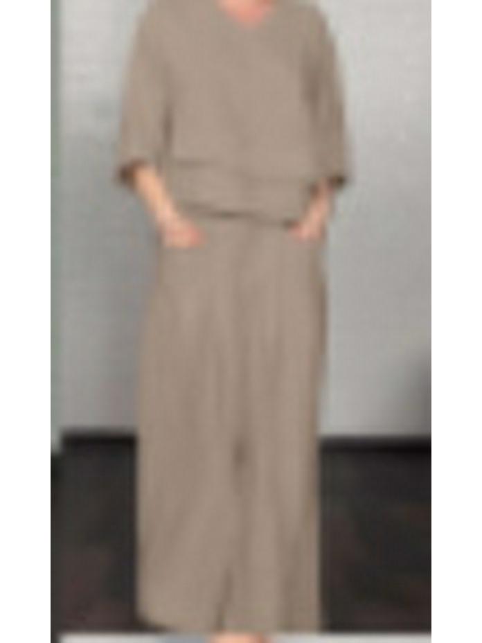 2025 Euro-American Style Solid Color Casual Two-Piece Set: Crew Neck Top & Mid-Waist Pocket Pants