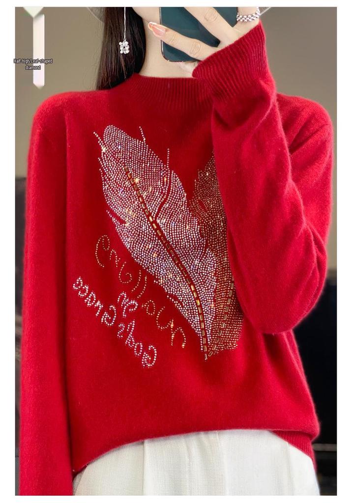 2024 Women's Zodiac Red Wool Sweater - Long Sleeve, Round Neck, Half High Neck