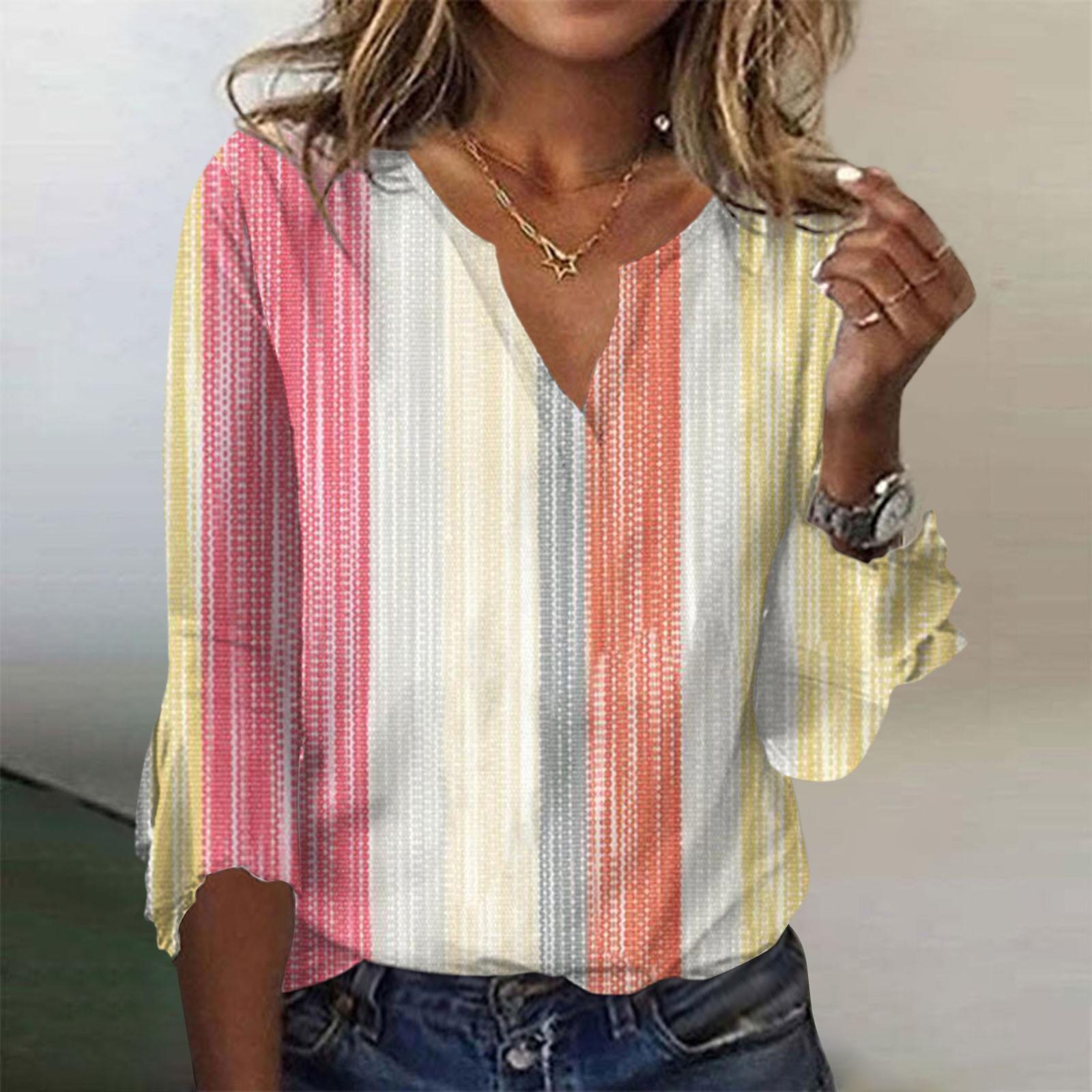 

Женские топы, свободные, повседневные, с V-образным вырезом, винтажным принтом, расклешенные рукава, футболка с семью рукавами L розовый