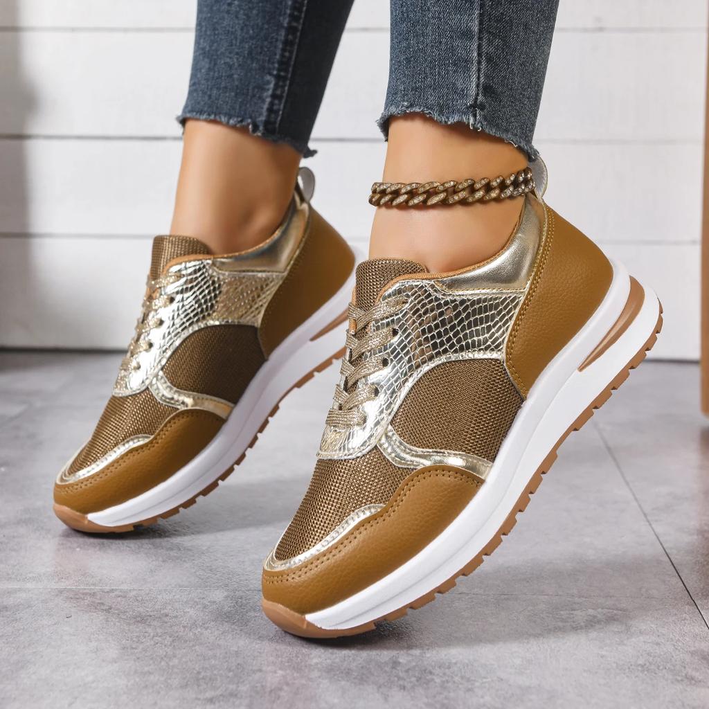 Damskie Buty Casualowe W Różnych Kolorach Ze Złotymi Akcentami Wiosna 2026 Wygodne Siateczkowe Sneakersy Plus Size Damskie Sznurowane Platforma Tenisowe Buty Sportowe