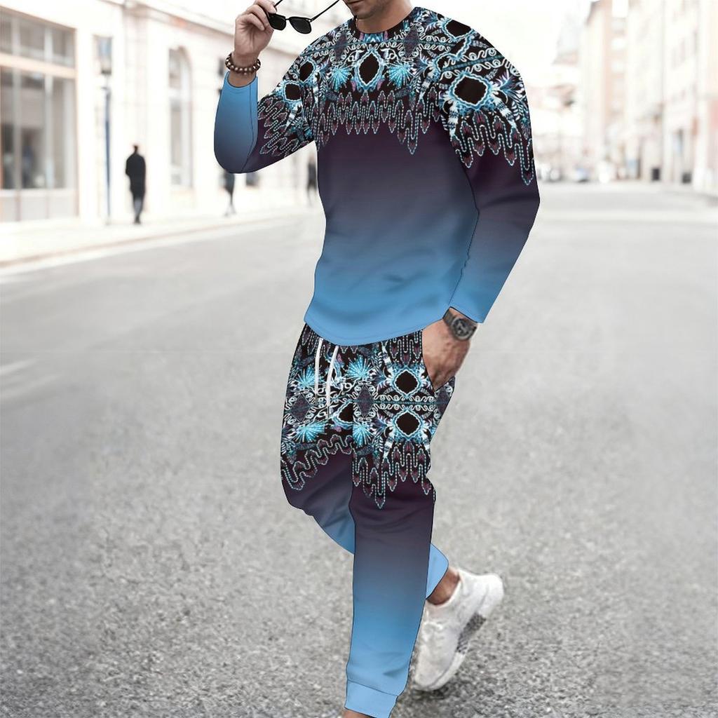Men Navy Blue White Water Drop Floral Decor Print Long Sleeve Sweatshirt Jogger Pants Two Piece Suit