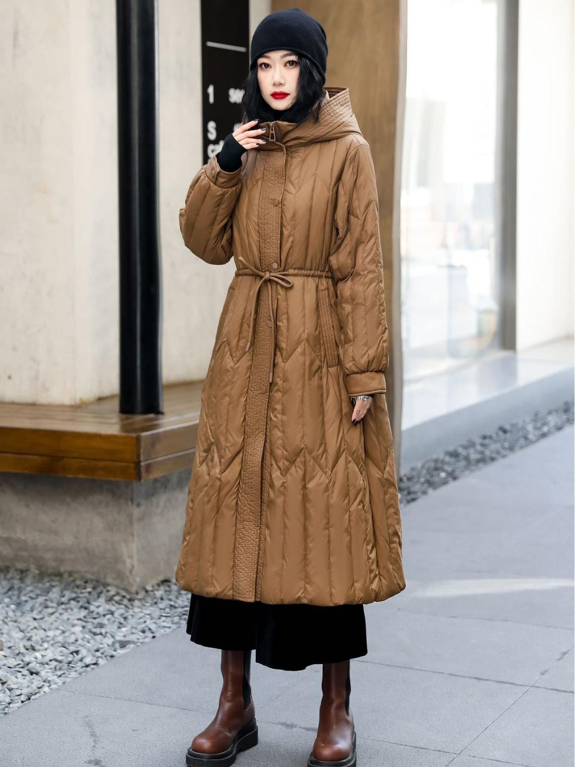 

Retro-Style Hooded Lace-Up Long Slim Down Jacket XL коричневий