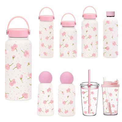 Stainless Steel Thermos Cup With Straw Milk Tea Cup Tritan Cup Sakura Set Portable Handle Sports Water Cup