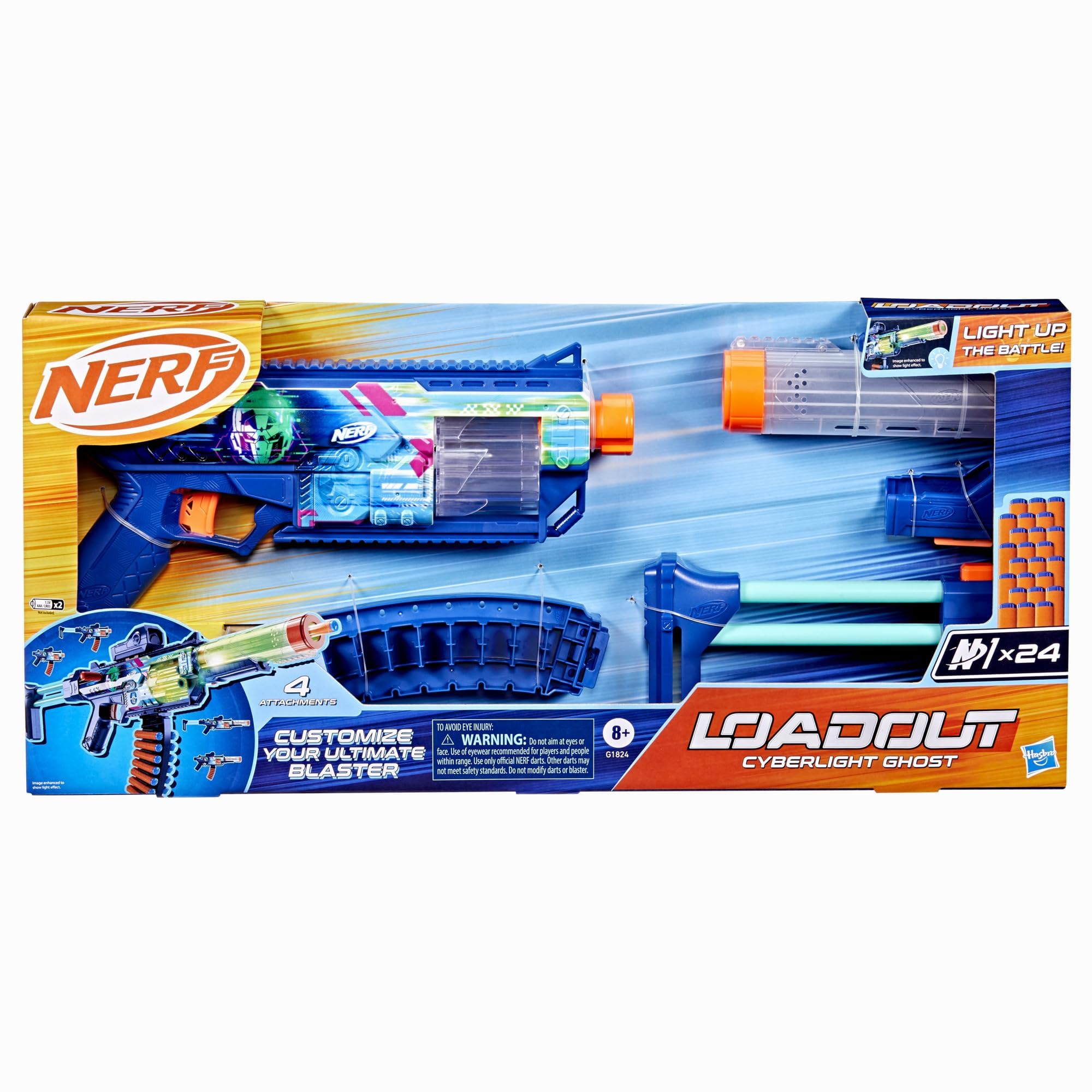 

Hasbro Nerf Loadout Cyberlite Ghost Бластер со светодиодной подсветкой 4 и 24 N1 Детские игрушки Возраст G1824 Аутентичный Питание от батареек Свет, Аксессуары, Стрелы и Подарки, 8+