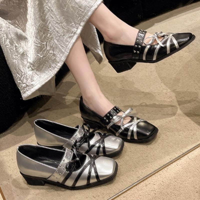 Bow Women Mid Heels Shoes Cross Belt Office Designer Sandals Summer Dress  Loafers Chunky Shallow Punk Zapatos Mujer Pumps