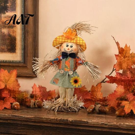 Harvest Festival Party Supplies Standing Fall Scarecrow Decoration, Rustic Halloween Thanksgiving Ornament Indoor Home with Clothes Hat for