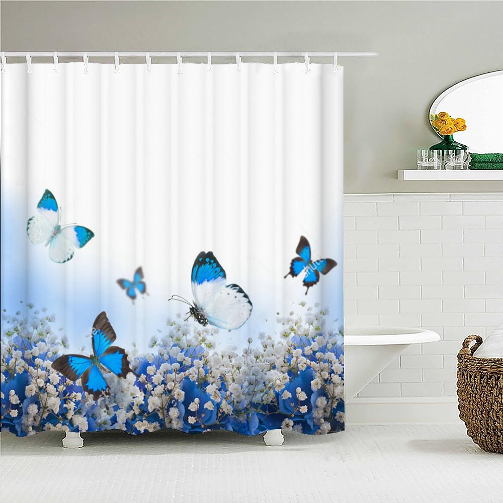 Floral Shower Curtains for Bathroom, Spring Flower Butterfly Bathroom Decor with Hooks, Washable Polyester Fabric Shower Curtain
