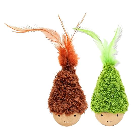 Wobbling Cat Toy Wooden Base Cat Teaser with Feathers Interactive Wobble Cat Kicker Toy for Cat Patting Solo Entertainment