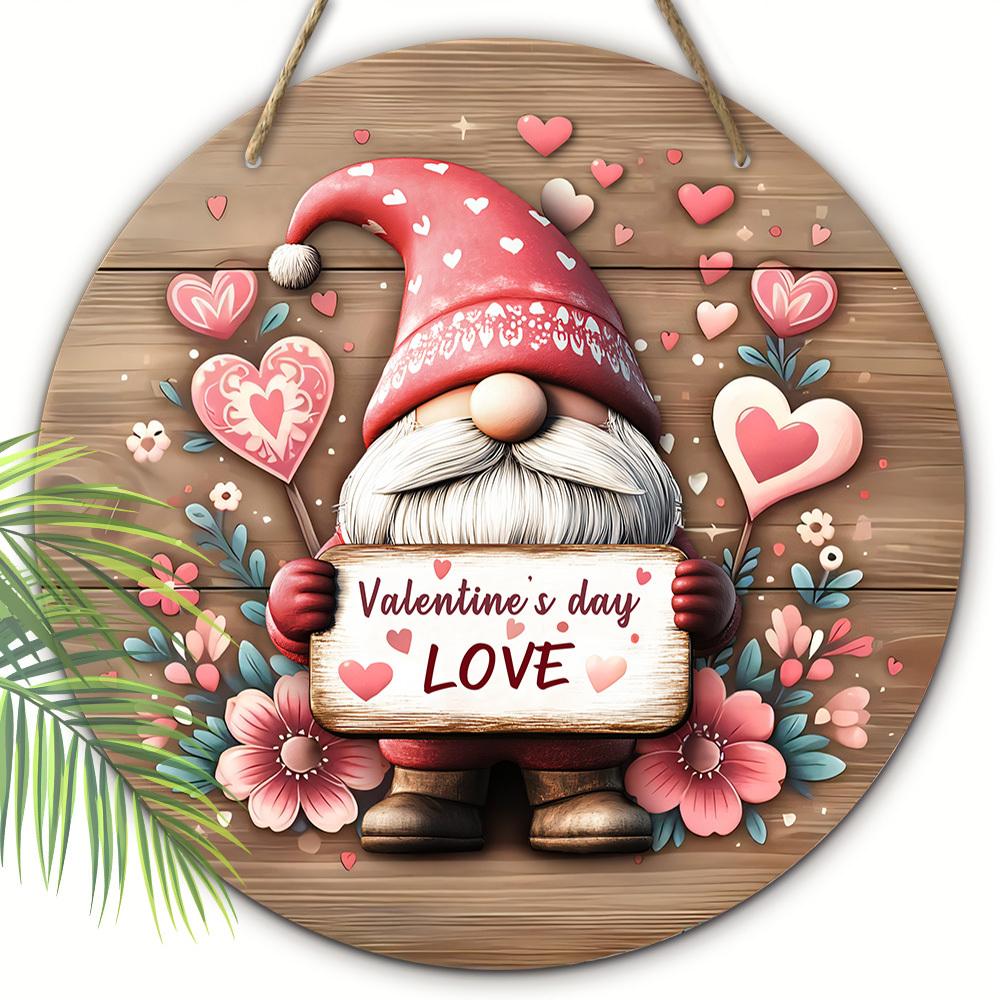 Valentine's Day Gnome "LOVE" Wooden Sign, Round Front Door Decor, Romantic Heart Wall Hanging - Ideal Valentine's Day Gift