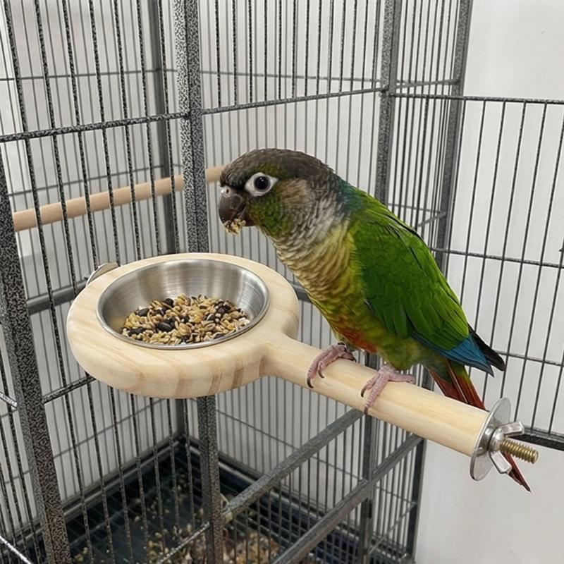 Stainless Steel Feeding Cup Wooden Bird Feeder Perch For Small Medium Parrots With Detachable Design Easy To Clean