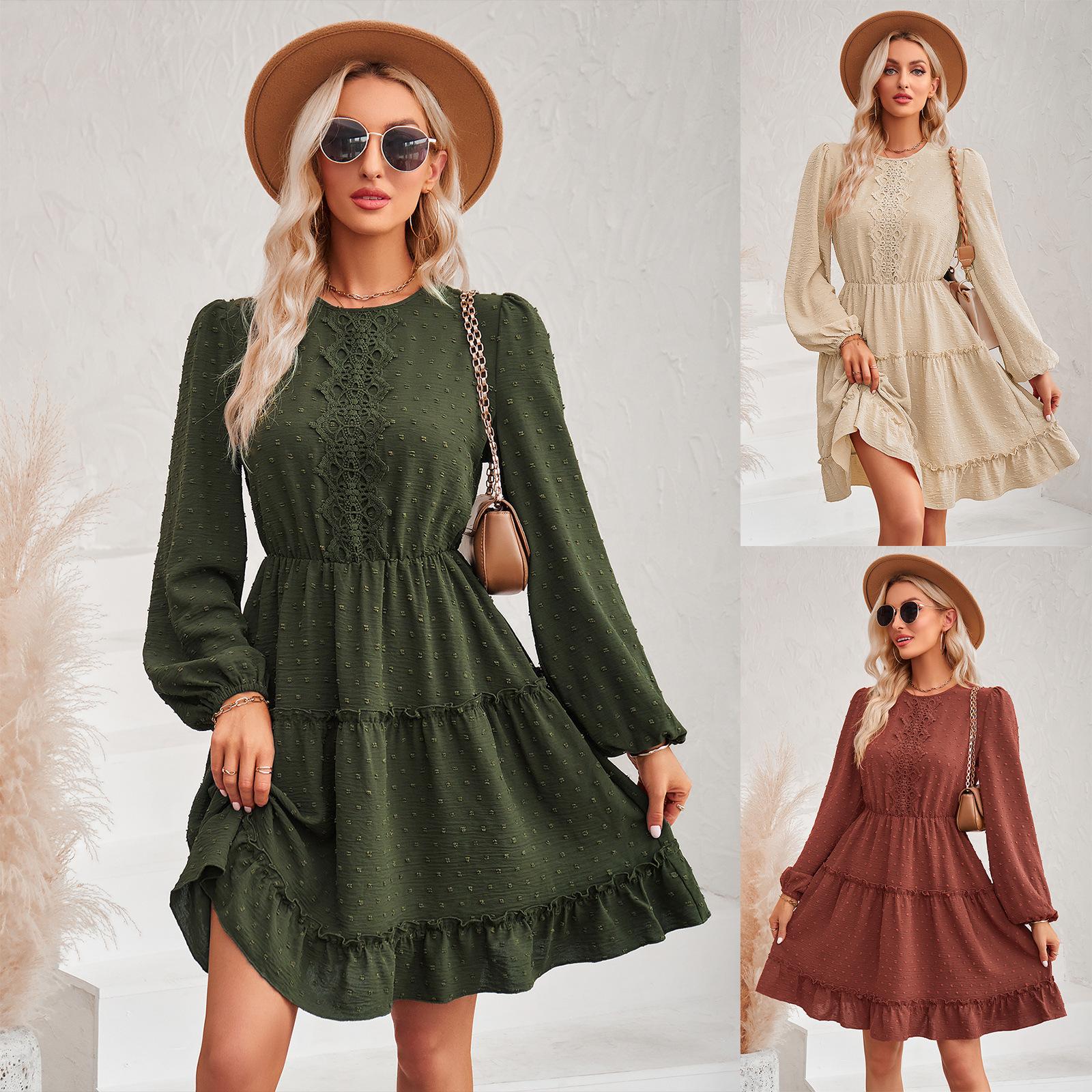 

2023 осень и зима, новинка, однотонное плотное кружево на талии с круглым вырезом