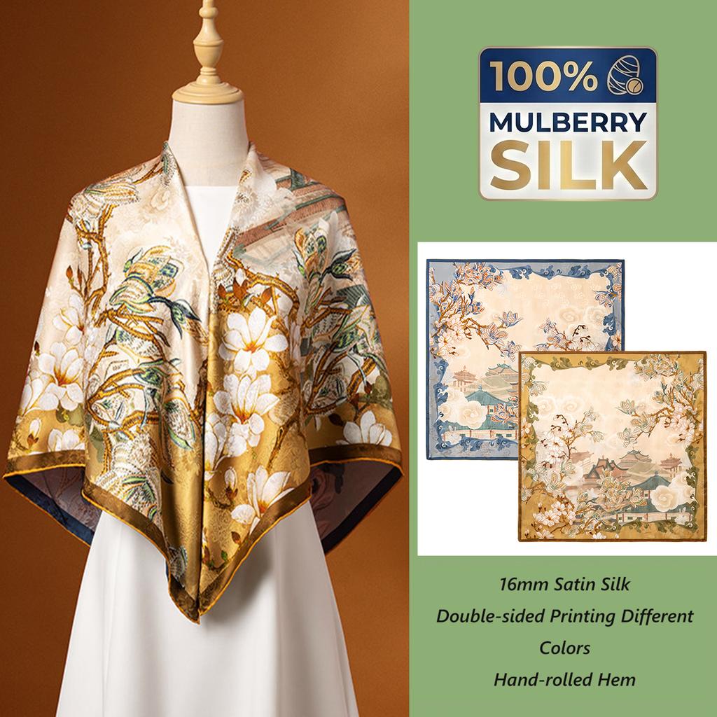 2026 Custom Hand Rolled Edge 100% Mulberry Silk Satin Shawl Luxury Digital Printed Customizable Women Silk Wrap Scarf Low MOQ