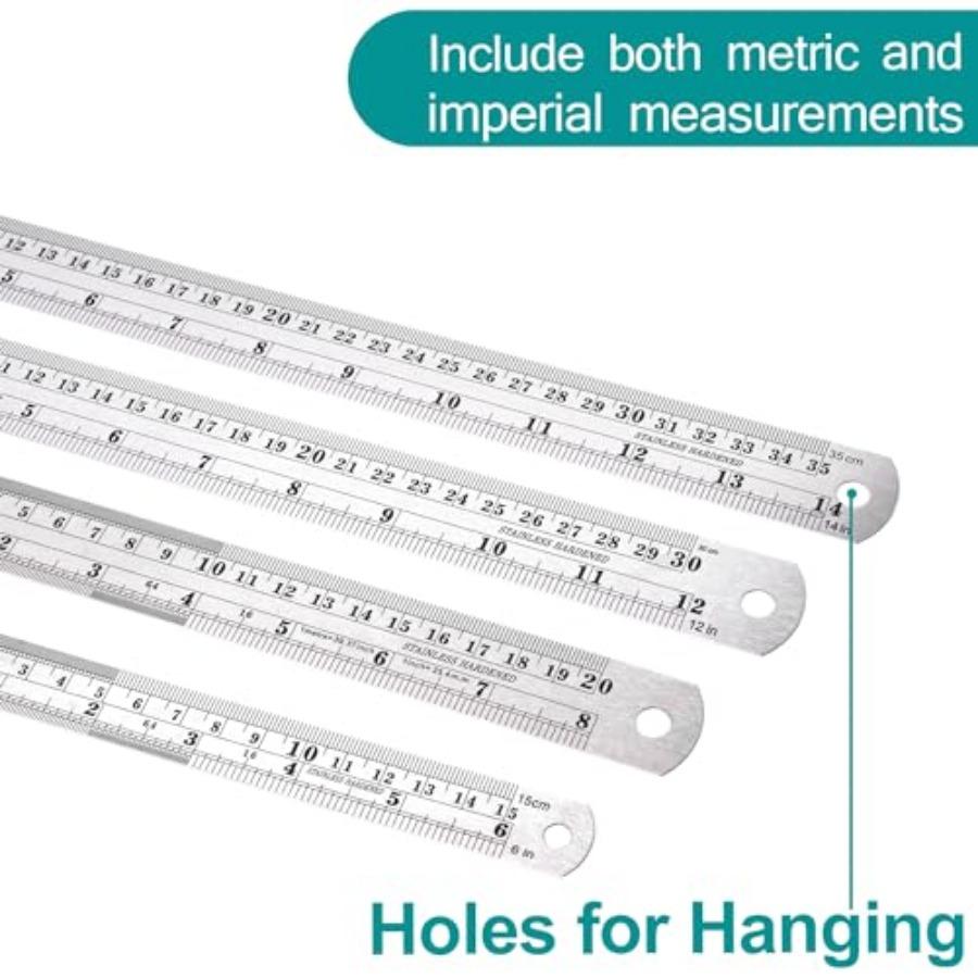 Metal Rulers, Steel Rulers Pack of 4, 6, 8, 2, 4-inch Stainless Steel Ruler