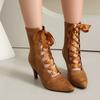 Y2k Women Boots Chunky Heels Lace Up Cute Bow Knot Cosplay Costumes Witch Medieval Mid Calf Boots Vintage Gothic Character Shoes