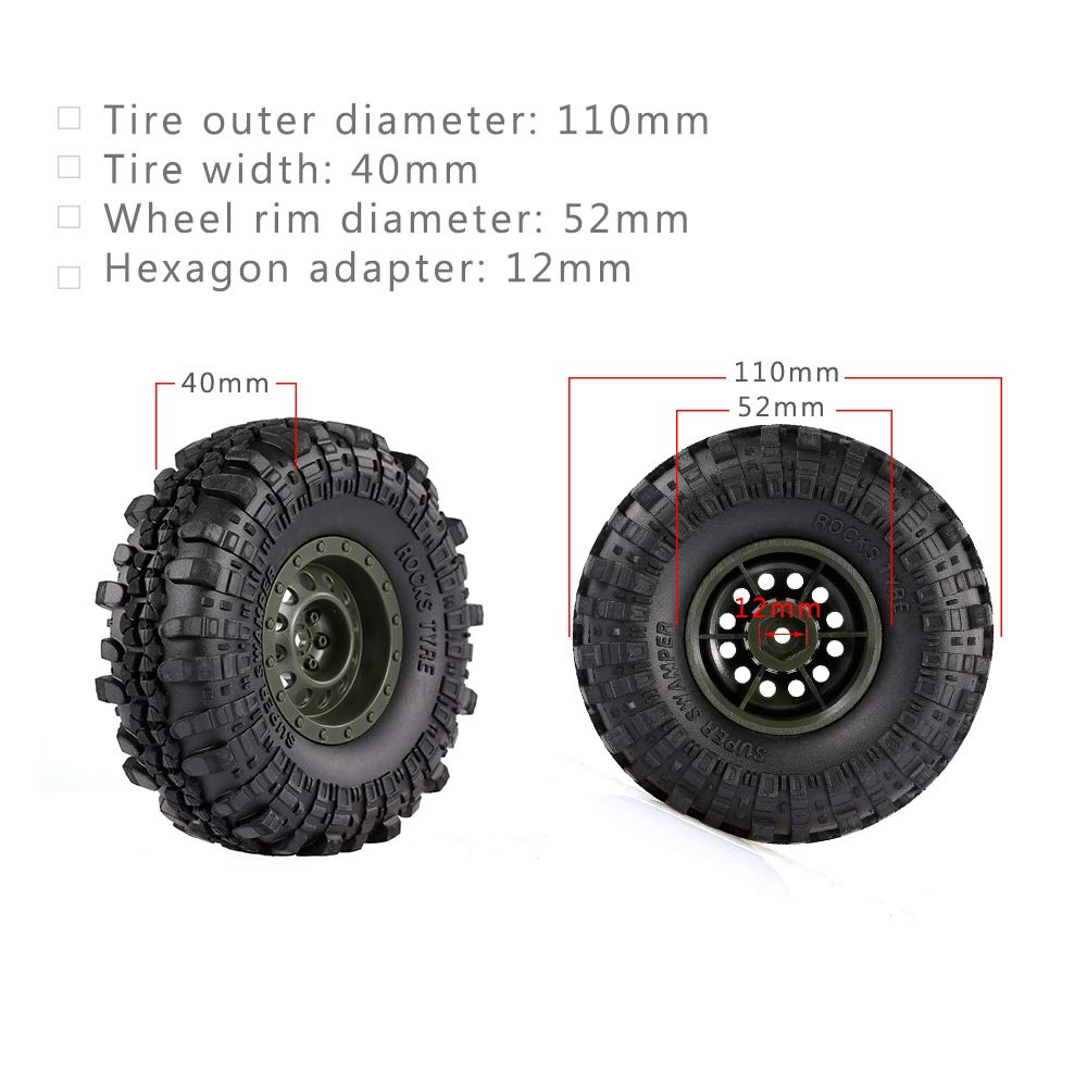 Goolsky 4pcs AUSTAR 110mm 1.9" Rim Rubber Tire Wheels for 110 RC Car Traxxas HSP Redcat RC4WD Tamiya Axial SCX10 D90 HPI RC Rock Crawler