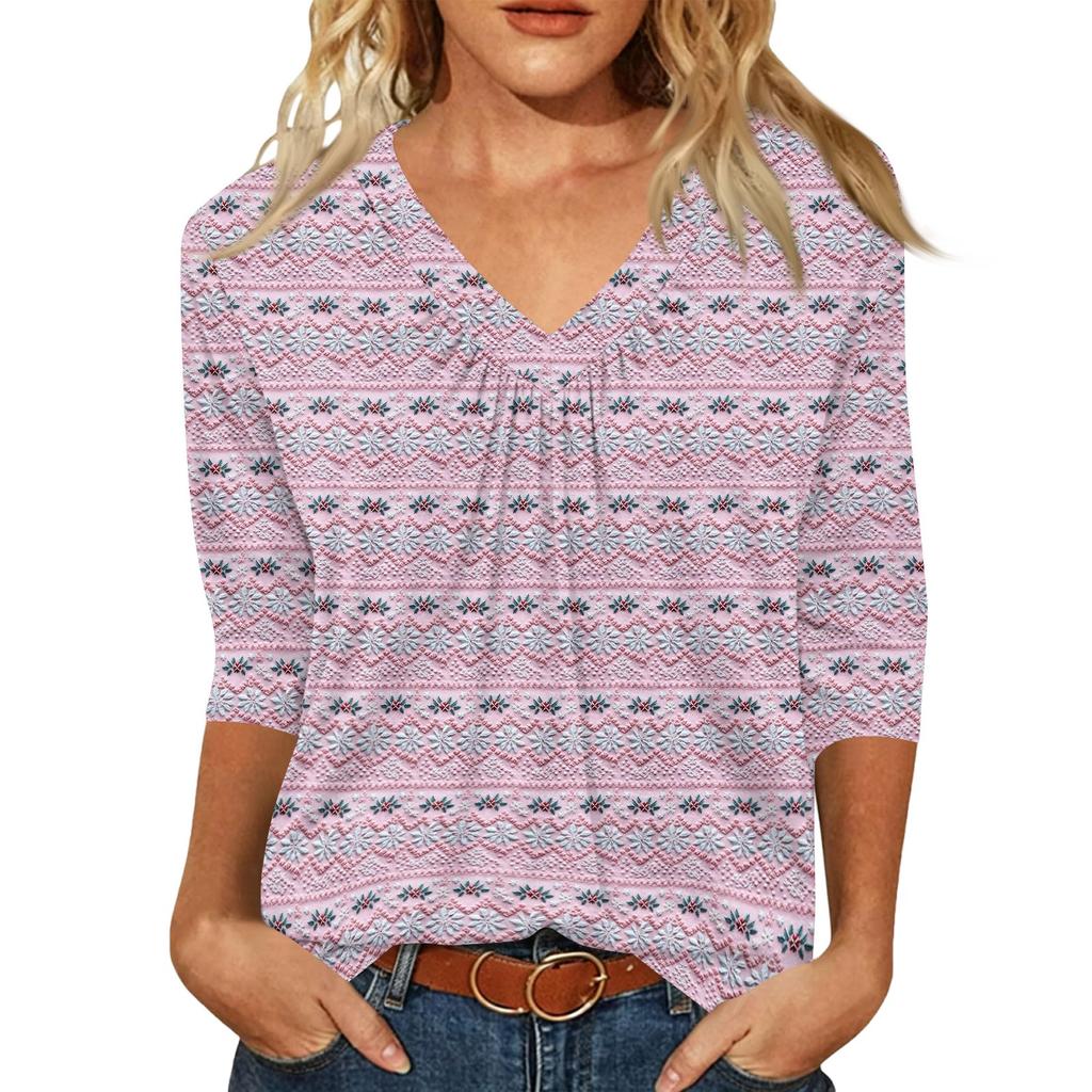 Women's Fashion Casual V-Neck Christmas Print 3/4 Sleeve Top for Holiday Everyday Wear