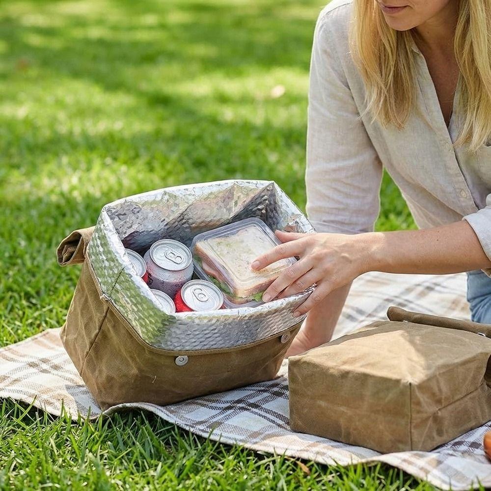 Large Capacity Waxed Canvas Lunch Bag Anti-fouling Thermal Insulation Aluminum Foil Ice Bag Waterproof Reusable