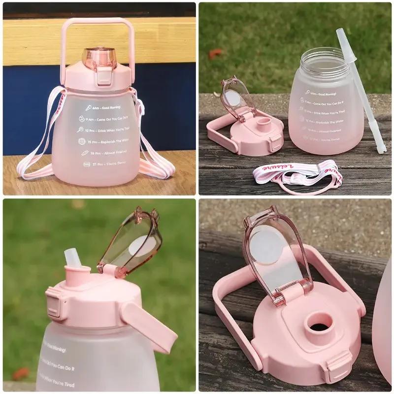 1200ml Large Capacity Frosted Mug Travel Sports Bottle Portable Plastic Cup with Shoulder Strap Straw Handheld Water Bottle