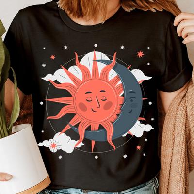 Sun and Moon Faces Earth Nature Retro Vintage Womens 100% Cotton T-shirt Mens Tees Tops Tee Top #ADUJ
